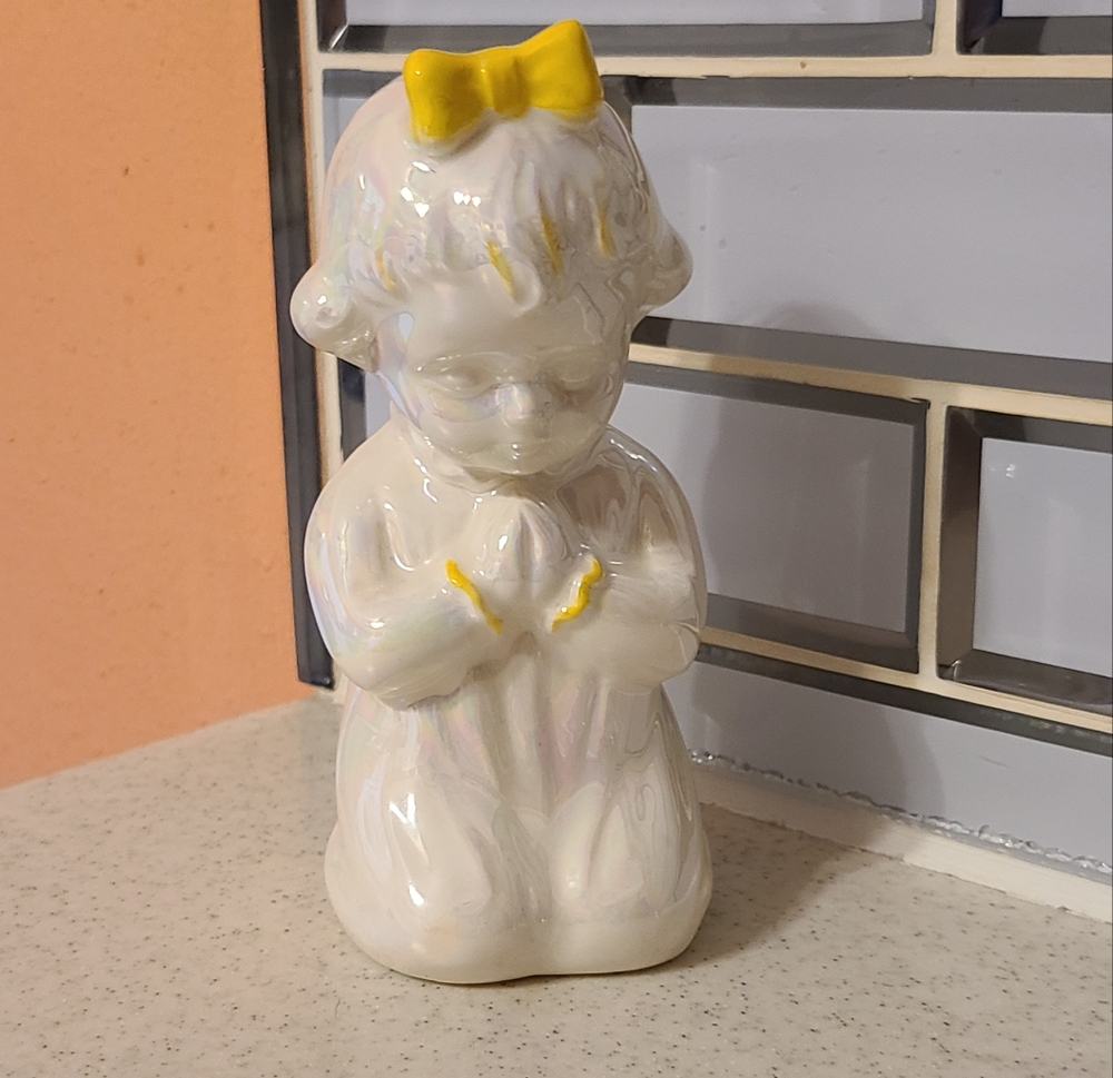 Charming White Ceramic Figurine Praying ANGEL with Yellow Accents